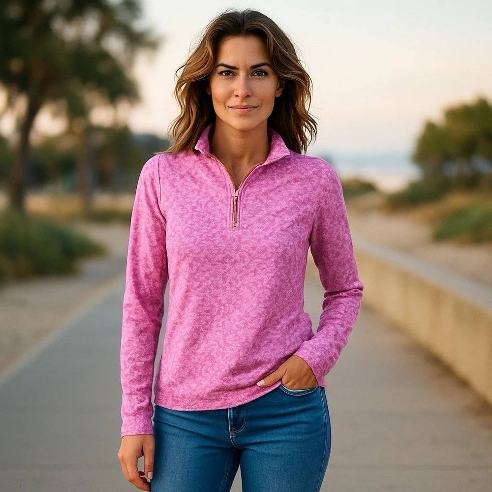 Lady Hagan Long Sleeve Floral 1/4 Zip Vented Active Shirt Size Small Pink